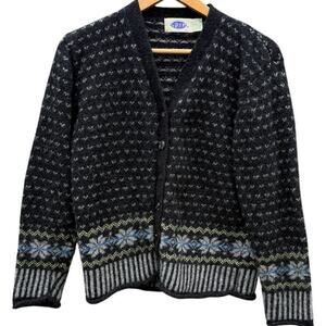 Shetland Wool Cardigan Vintage Y2K Spin black gray blue Sweater Womens Medium